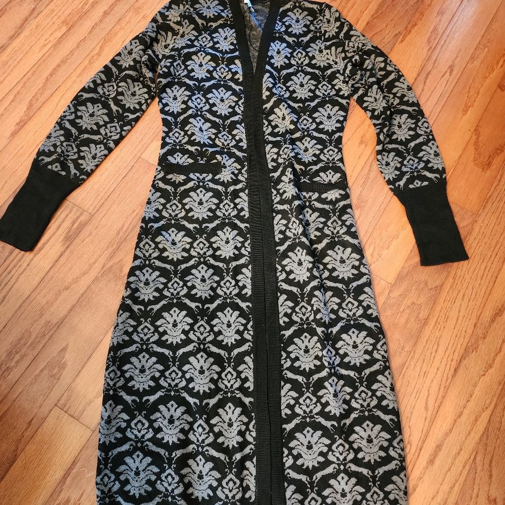 Equestrian print sweater long duster cardigan size XS black/gray